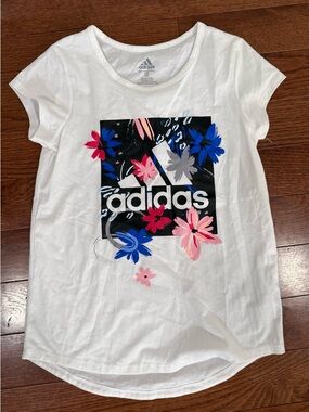 adidas White Tee with Multicolor Floral Logo